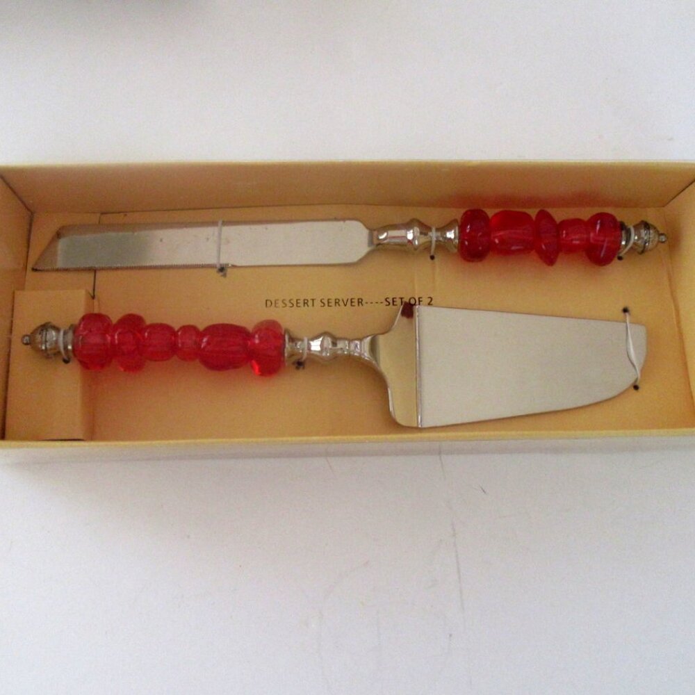 Red acrylic beaded handles dessert serving set - knife & spatula - New Old Stock